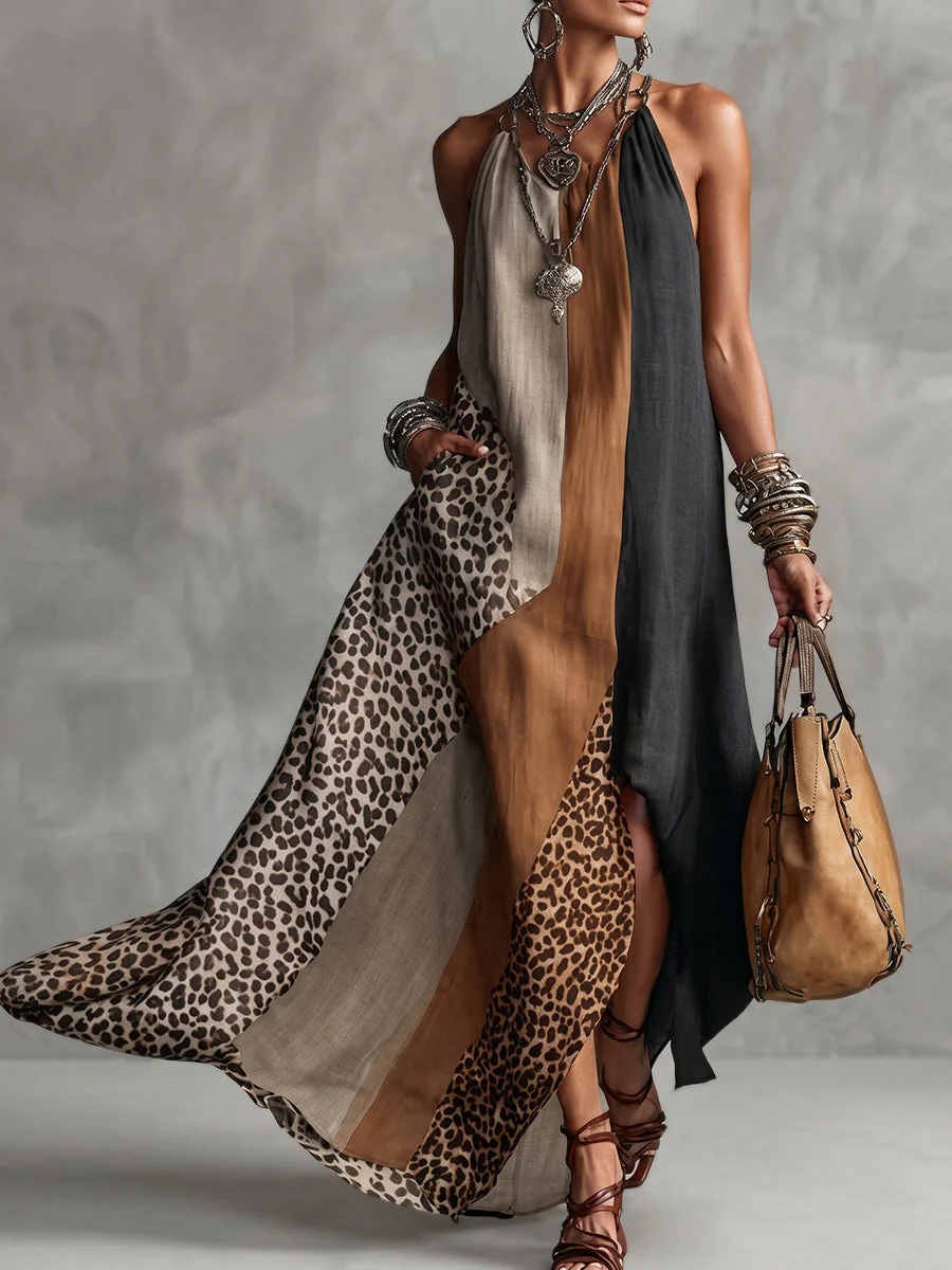 Bohemian Leopard Color-Block Halter Sleeveless Slit Flowy Maxi Dress
