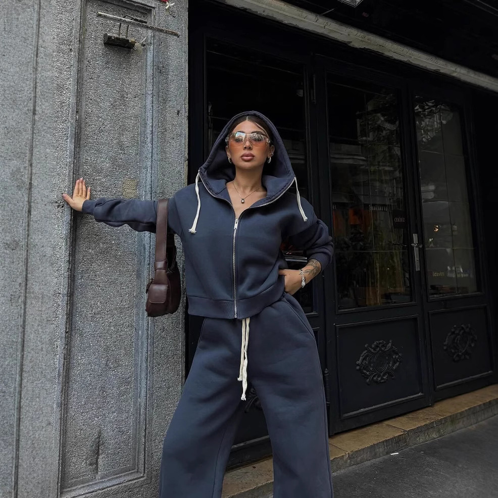 Women's Hooded Zip-Up Cardigan & Drawstring Pants Two-Piece Casual Set