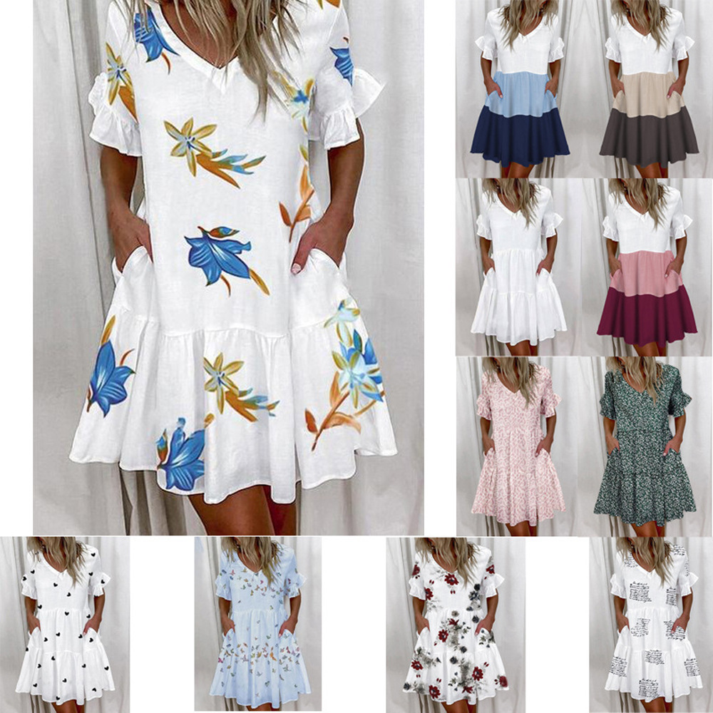 Women's Summer V-Neck Floral Ruffle Pocket Dress