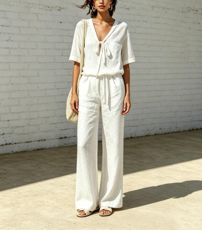 Women's Summer V-Neck Half-Sleeve Tie-Waist Casual Pants Set