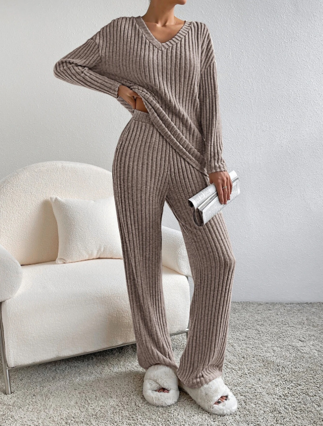 Women's Two-Piece Ribbed Knit V-Neck Top & Straight-Leg Pants Set