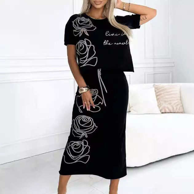 Women's Printed Two-Piece Skirt Set Casual Midi Dress