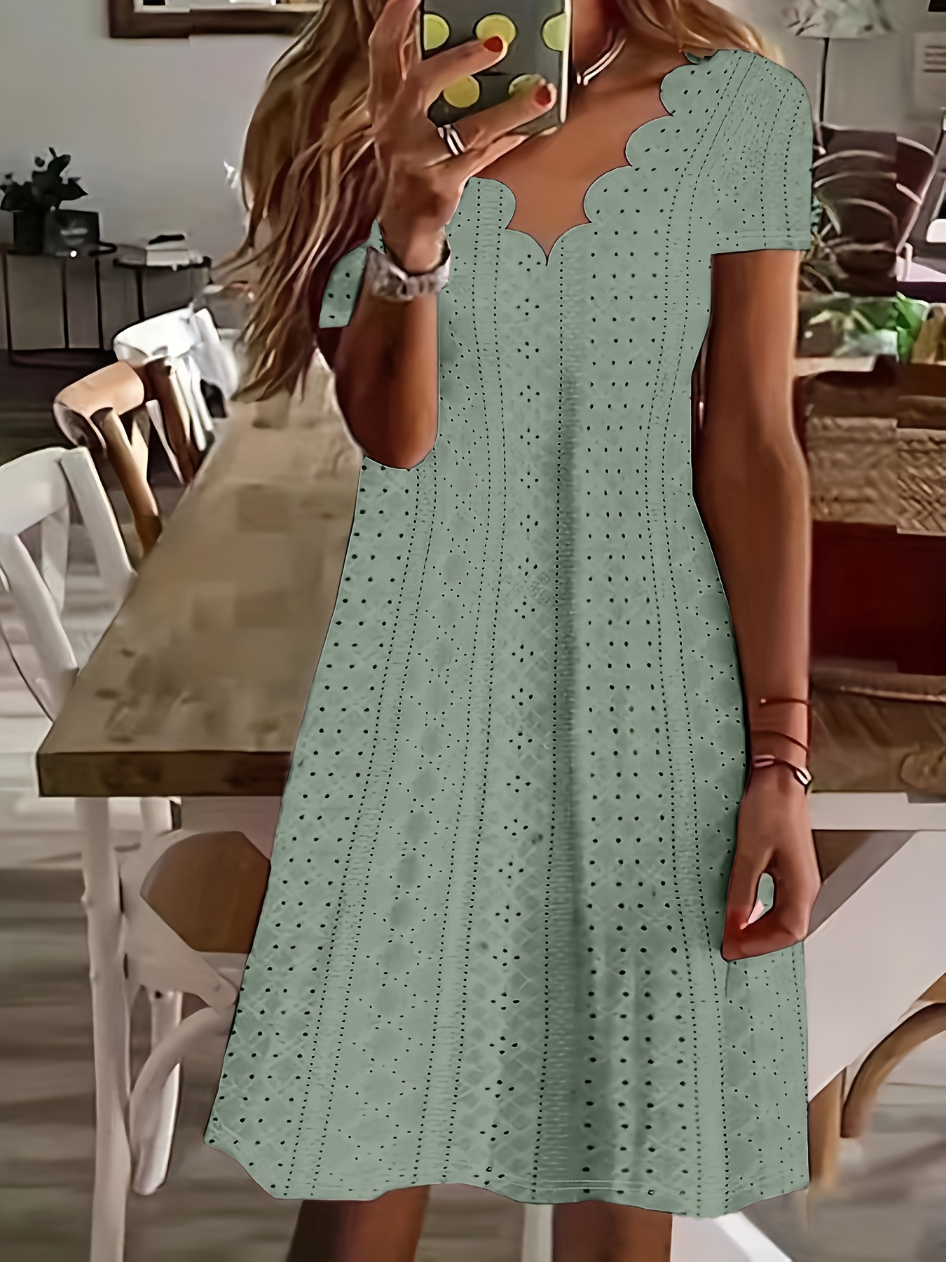 Women's Casual Loose Round Neck Hollow-Out Jacquard Short Sleeve A-Line Dress