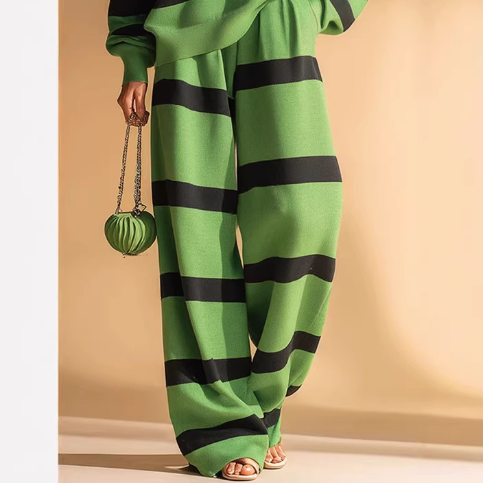 Green & Black Striped Casual Sweatshirt and Pants Set