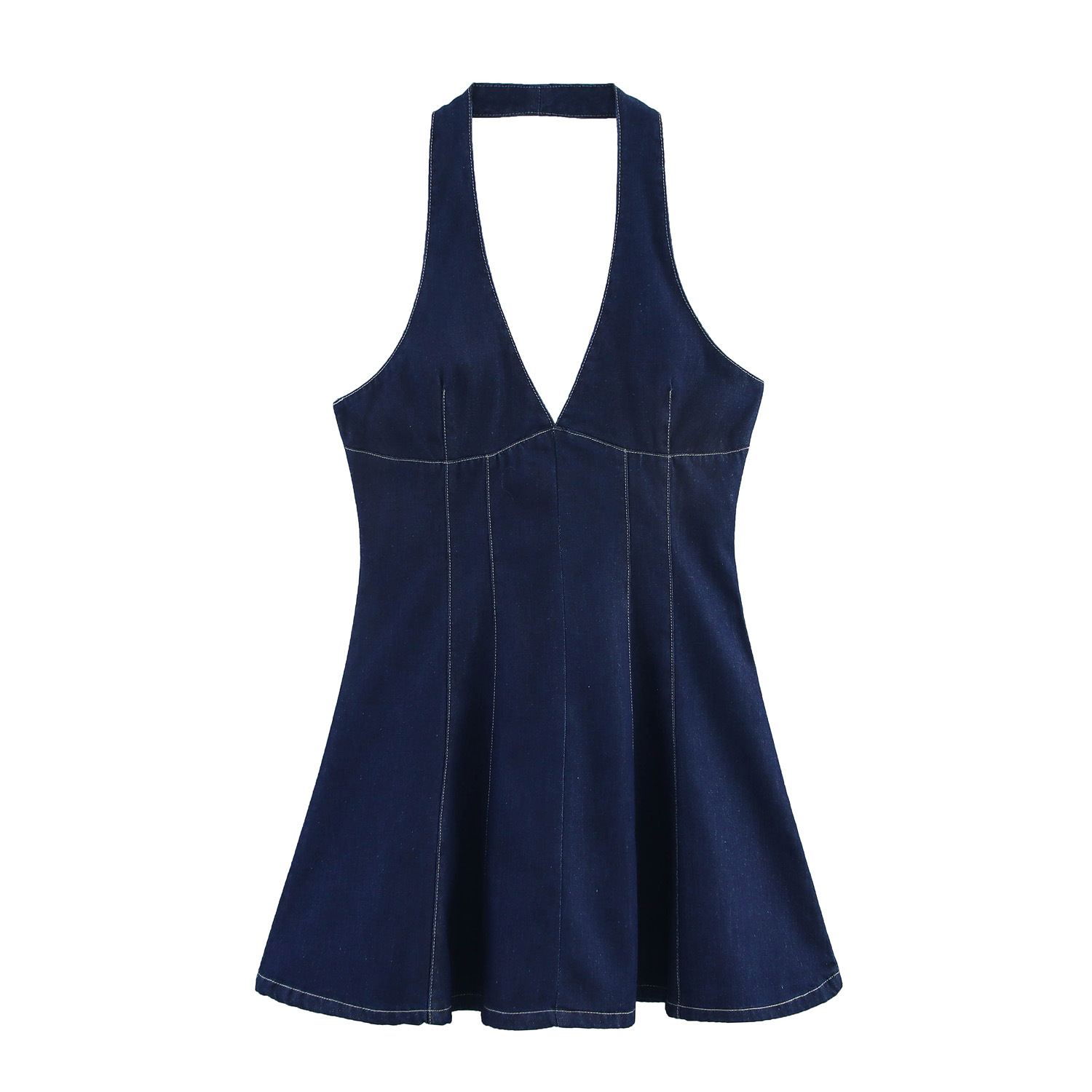 Women's Sleeveless Denim Dress V-Neck High Waist Pleated Mini