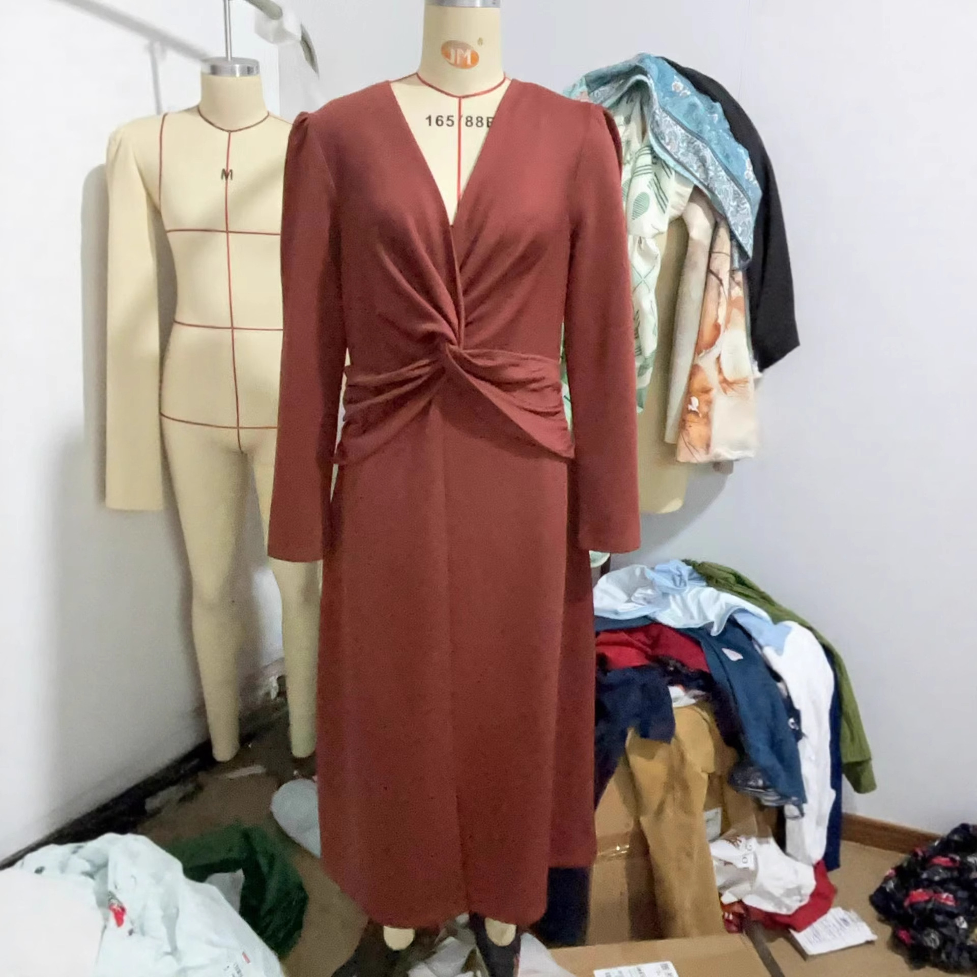Women's Twist Knot Long Sleeve Maxi Dress Slimming V-Neck
