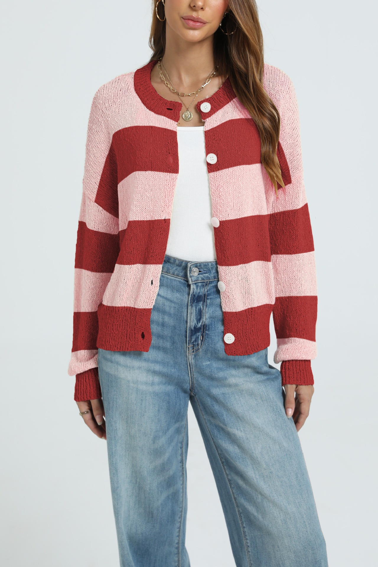 Striped Knit Cardigan Long Sleeve Round Neck Button-Up Sweater