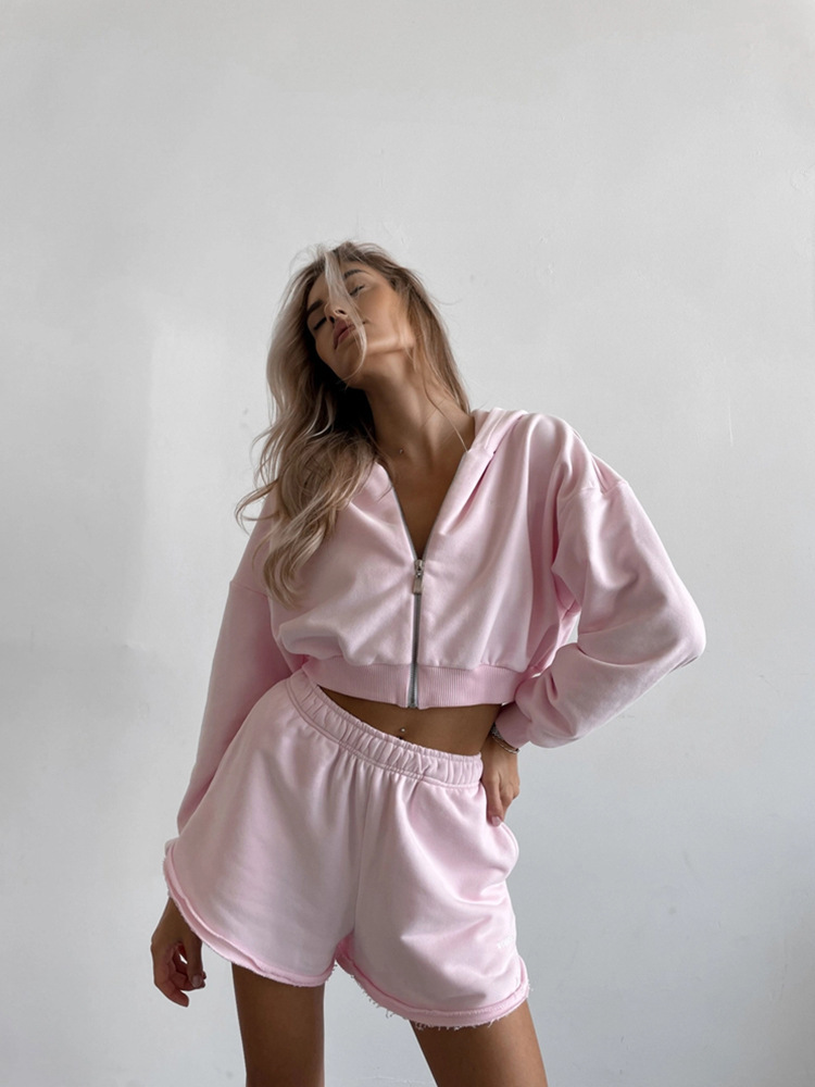 Women's Solid Color Long-Sleeve Zip-Up Hoodie and Shorts Two-Piece Set