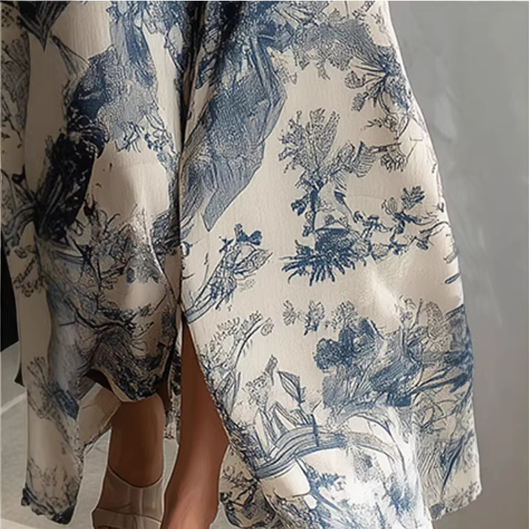 Blue Floral Print Sleeveless Square Neck Chiffon Maxi Dress