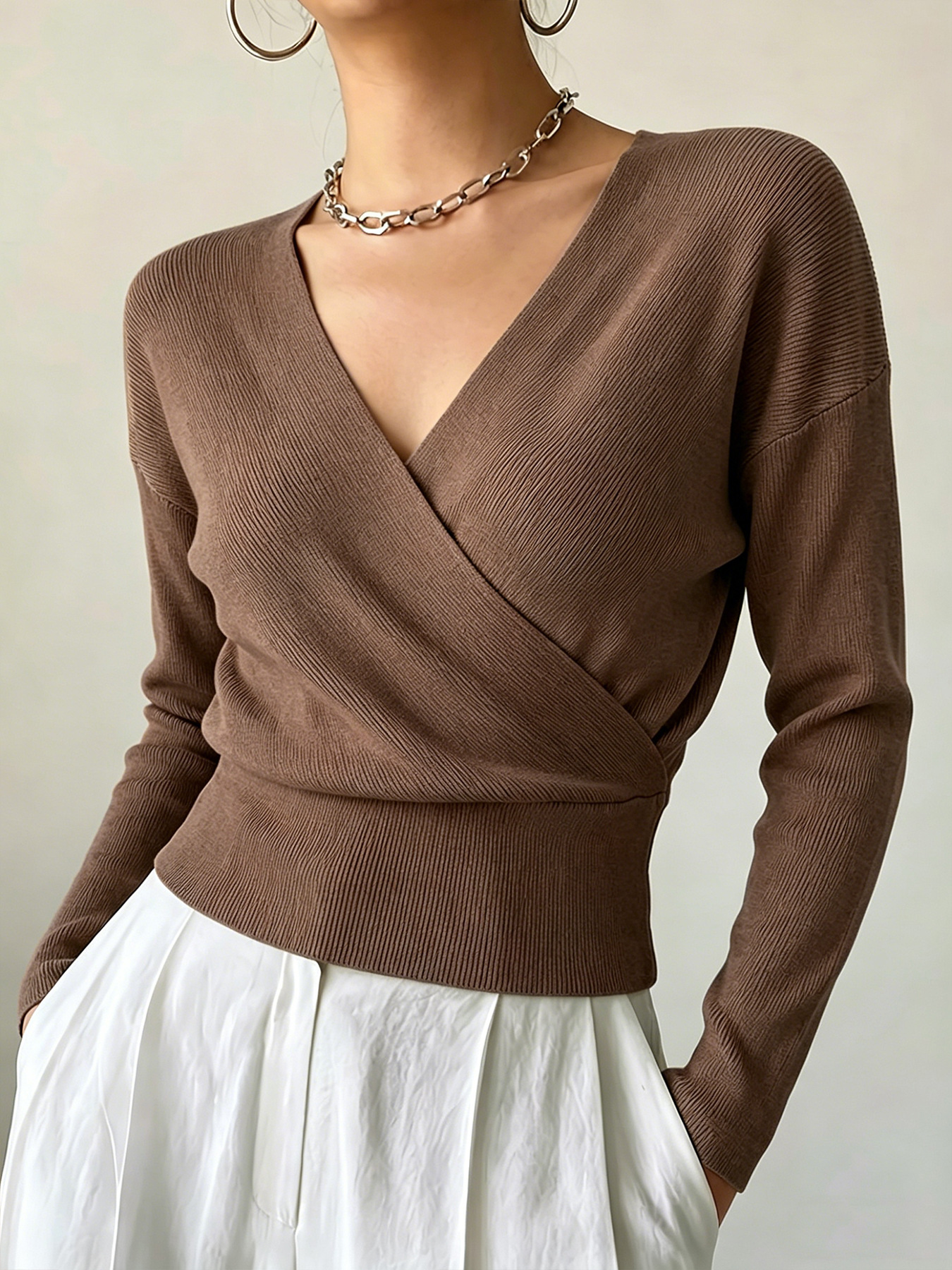 Women's Long Sleeve Cross V-Neck Knit Sweater Slimming Solid Color