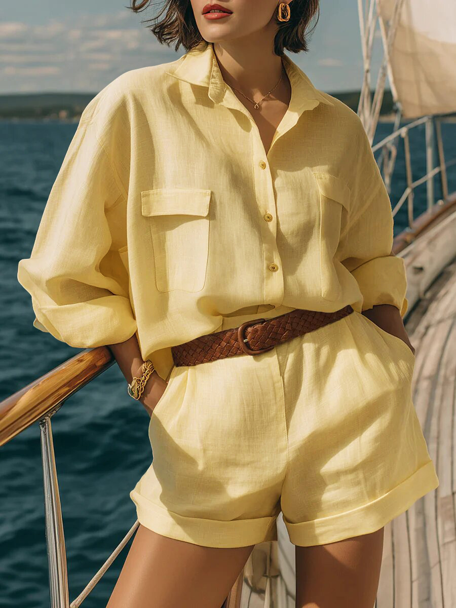 Women's Solid Color Cotton-Linen Loose Button-Front Shirt and Shorts Casual Set
