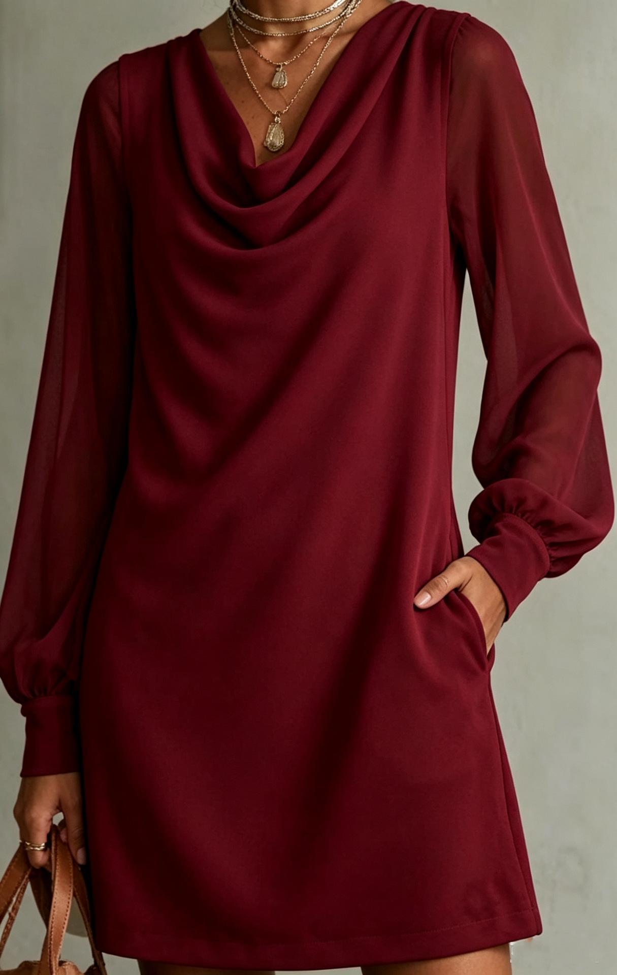 Women's Cowl Neck Sheer Mesh Long Sleeve Dress with Pockets