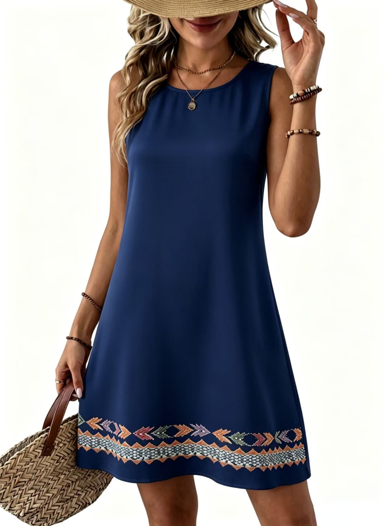 Women's Summer Round Neck Placement Print Linen-Texture Sleeveless Dress