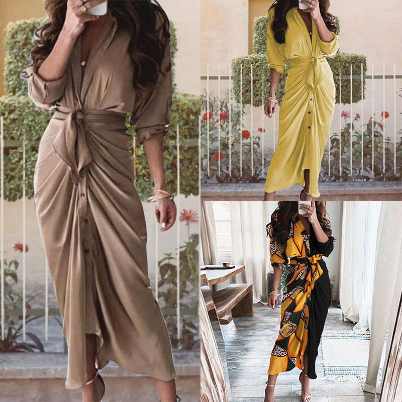 V-Neck Printed Tie-Waist Casual Dress