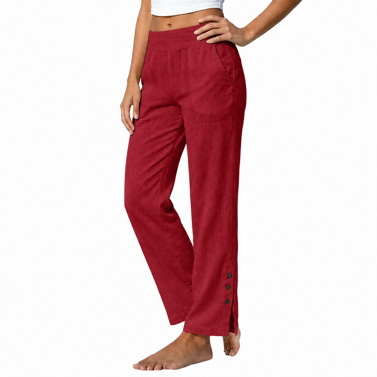 Women's Cotton Linen High Waist Wide Leg Pants with Side Slit Buttons