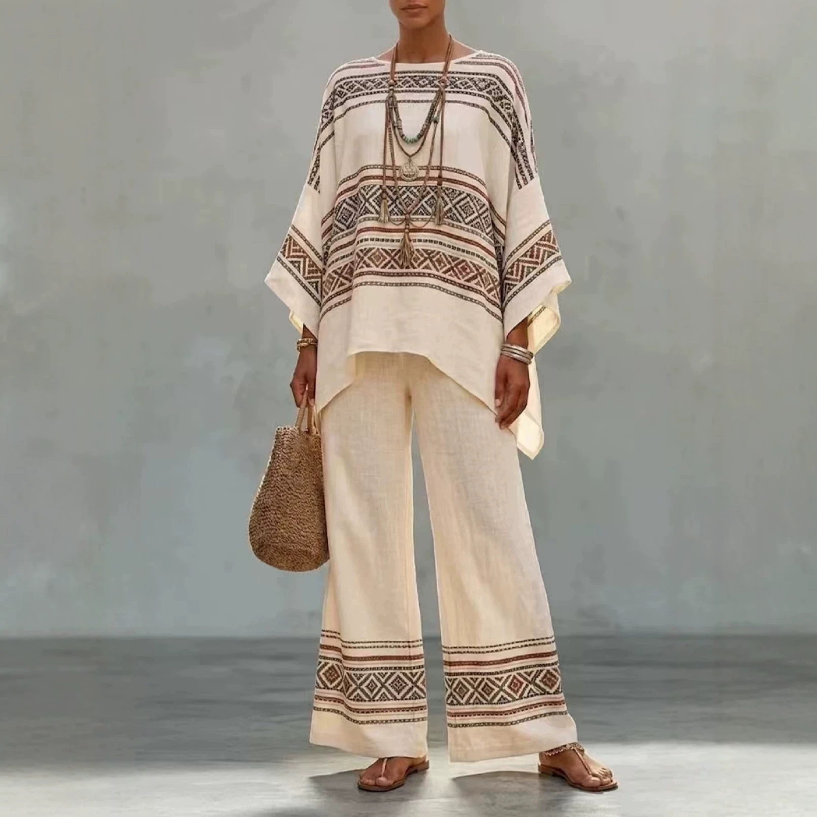 Bohemian Print Batwing Sleeve Two-Piece Set