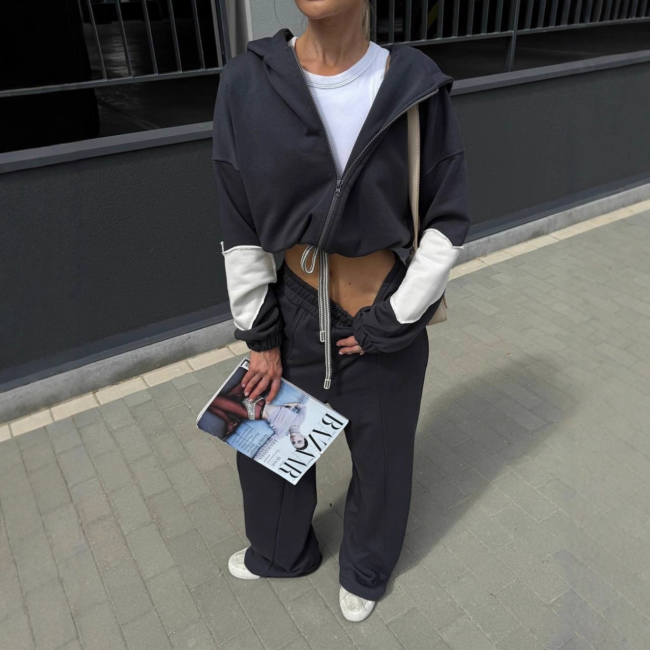 Women's Long Sleeve Zip Hooded Tie-Waist Cardigan and Wide-Leg Pants Two-Piece Set
