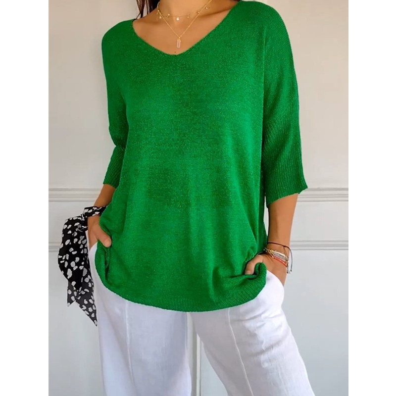 Women's V-Neck 3/4 Sleeve Solid Knit Top Slimming Casual Pullover