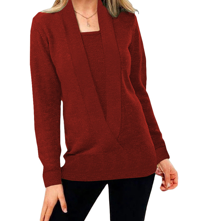 Women's Knit Colorblock Deep V-Neck Long Sleeve Sweater Top