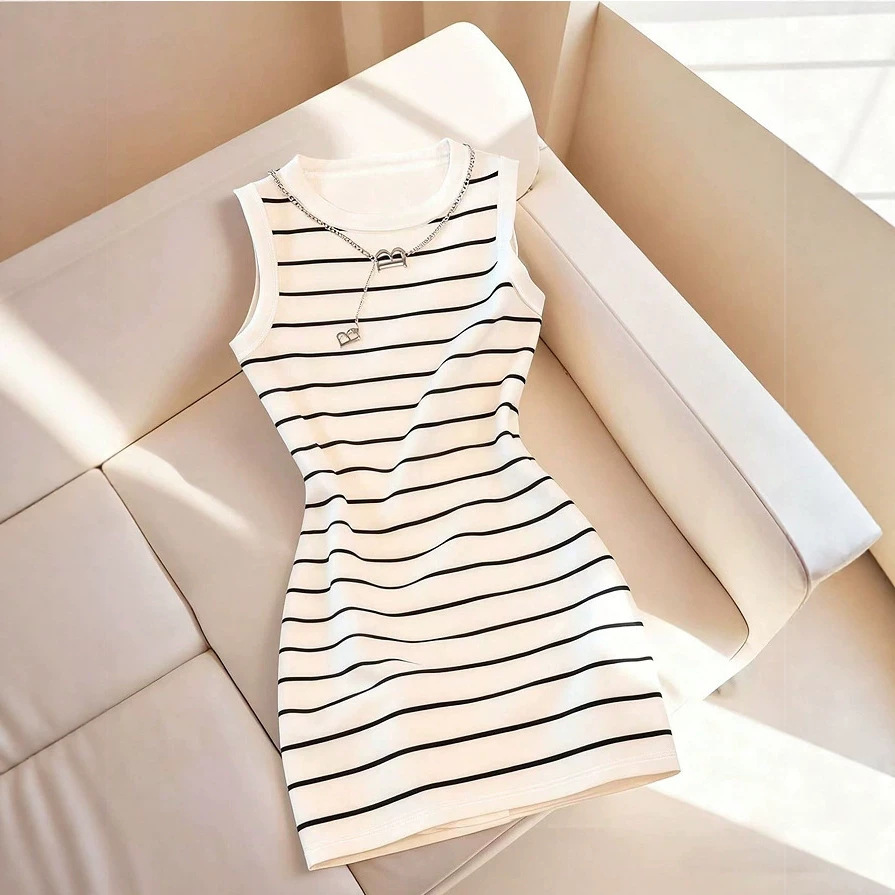 Women's Sleeveless Bodycon Mini Dress High Waist Slimming Striped