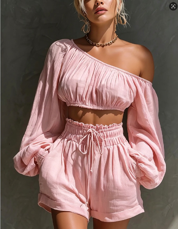 French Lazy Style One-Shoulder Long-Sleeve Crop Top and High-Waist Ruffle Shorts Set