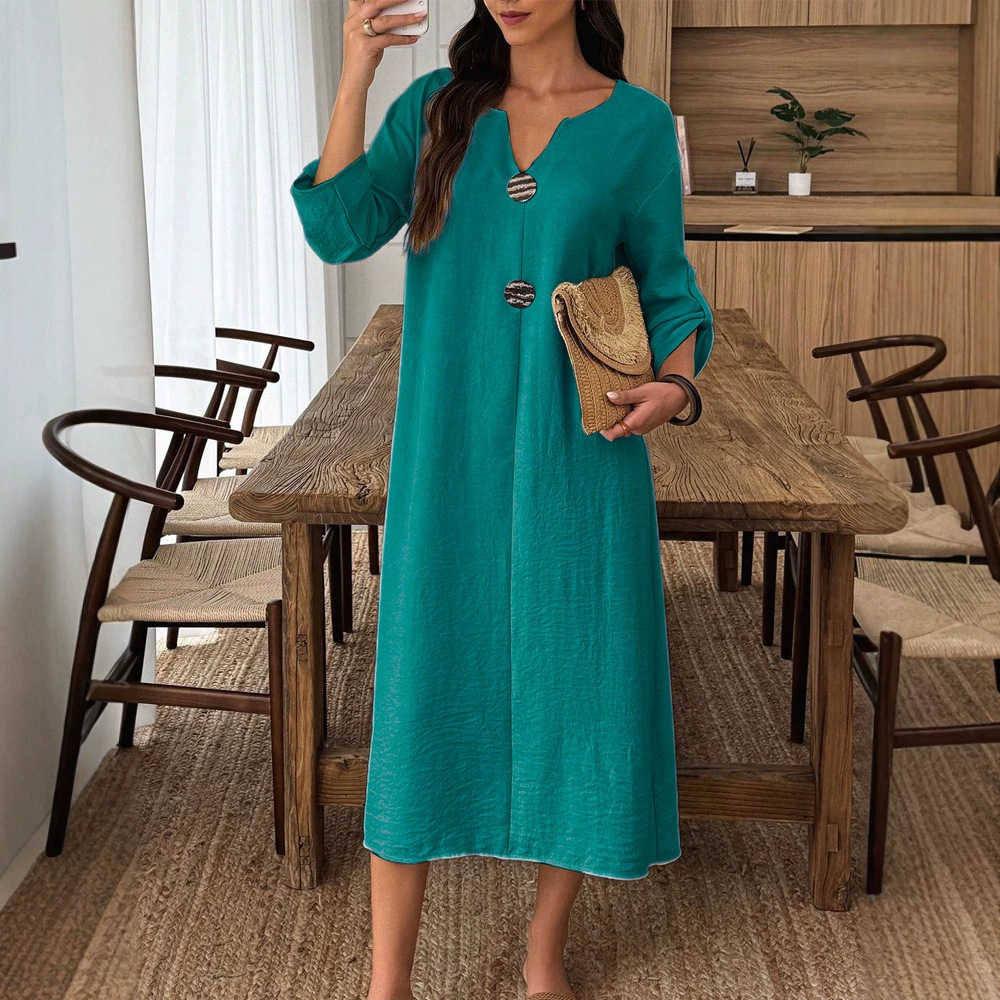 Women's Casual V-Neck Long Sleeve Cotton-Blend Solid Color Long Dress