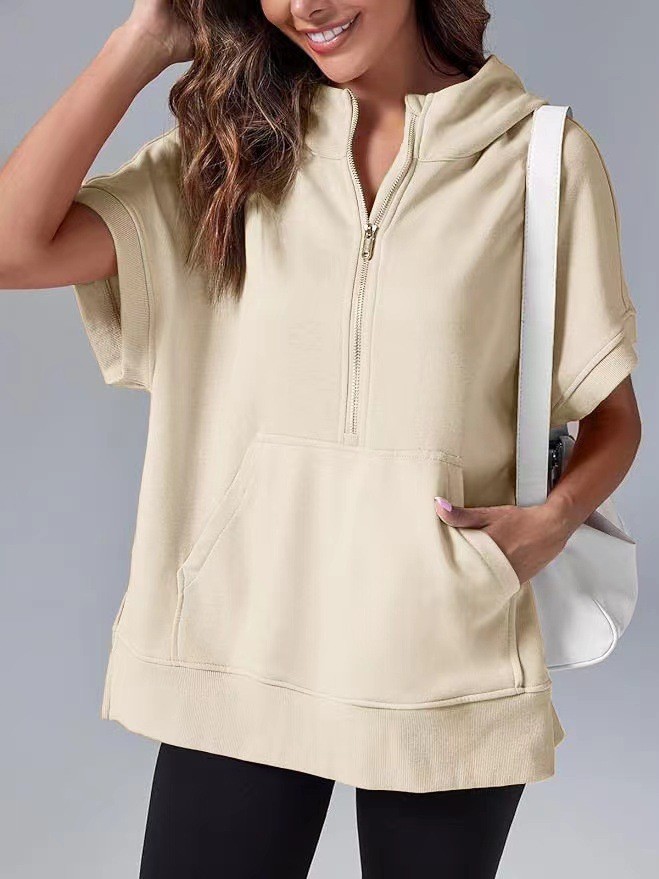 Solid Color Casual Short Sleeve Hooded Sweatshirt