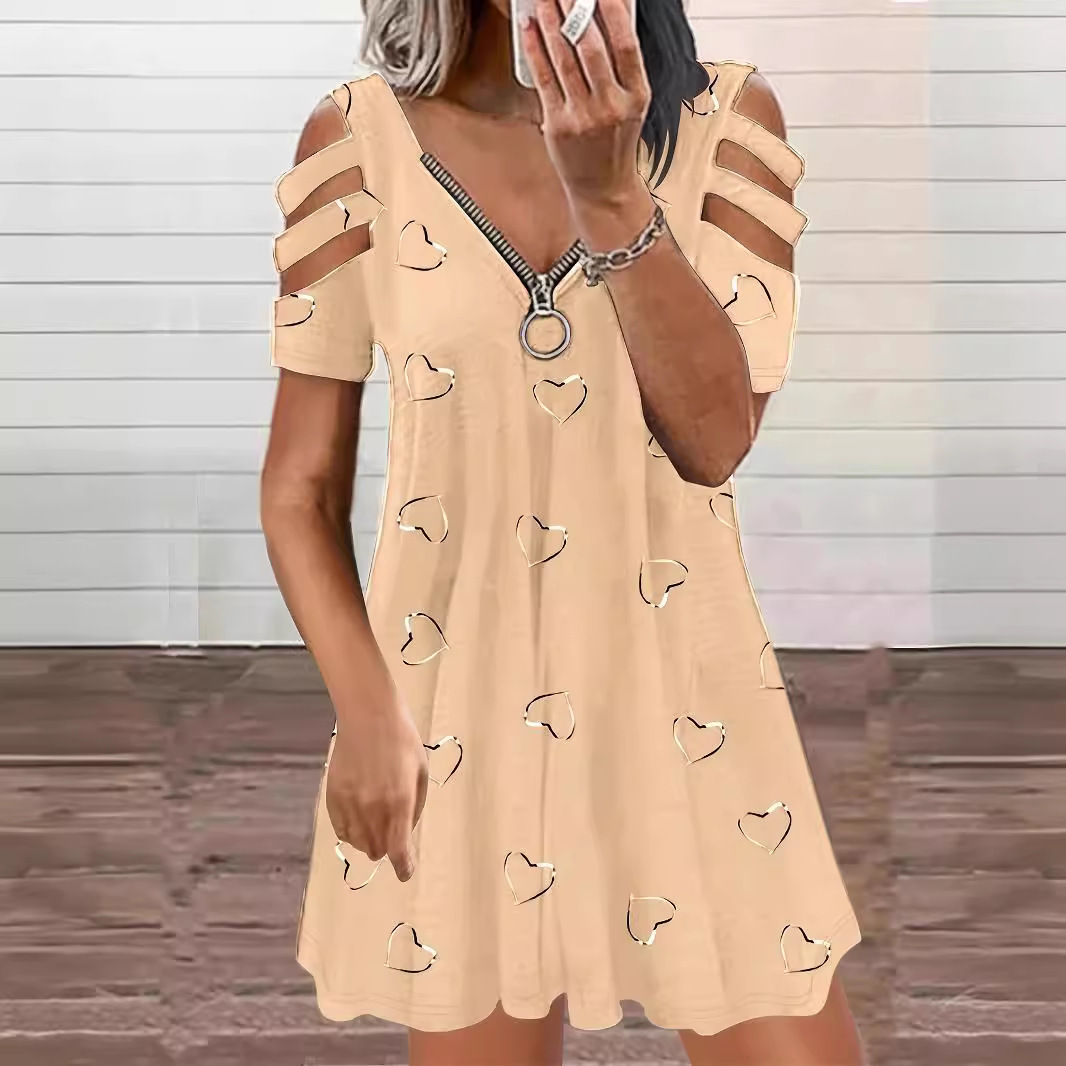 V-Neck Zip Short-Sleeve Printed Off-Shoulder Loose Casual Dress