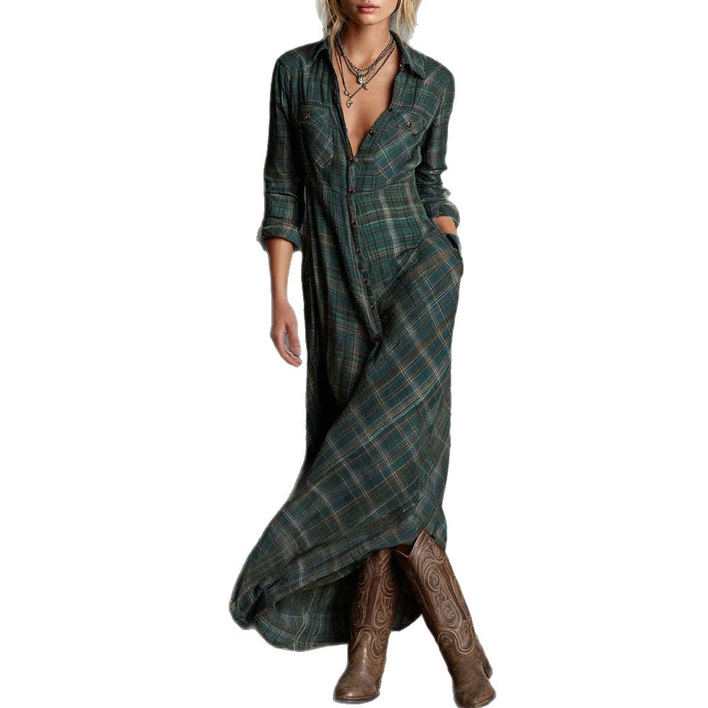 Plaid Long Sleeve A-Line Shirt Dress