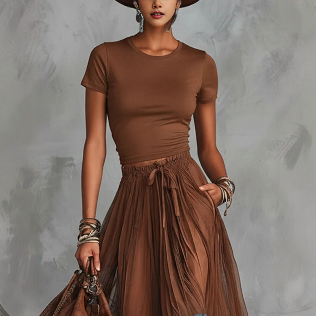 Brown Short Sleeve Top and Blue Lace Panel Maxi Skirt Set