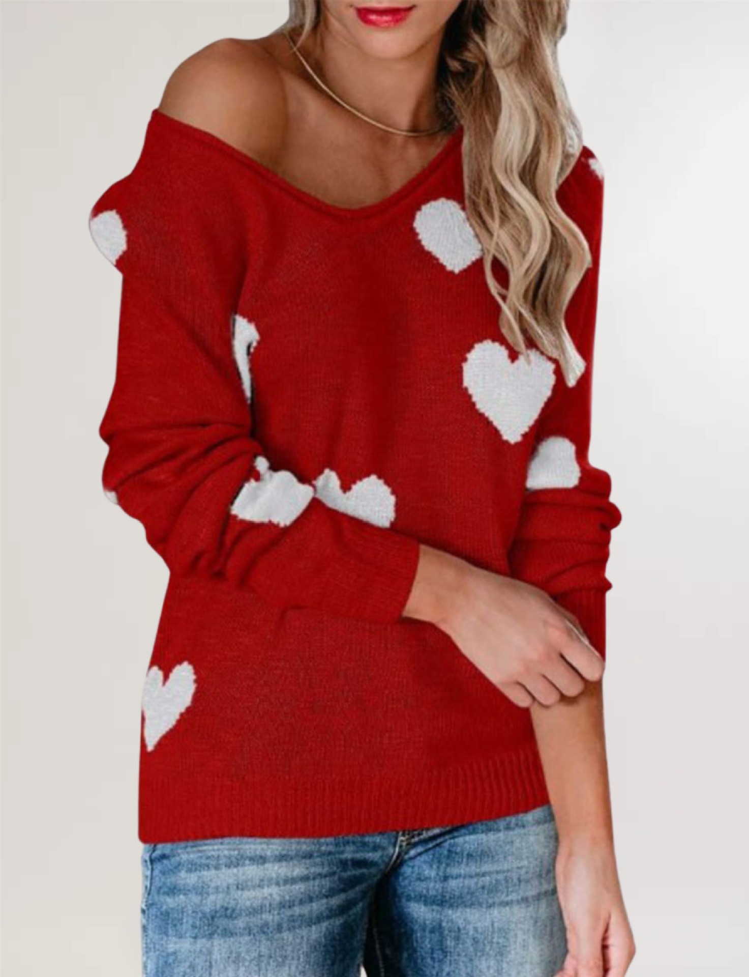 Women's Loose Heart V-Neck Knit Sweater