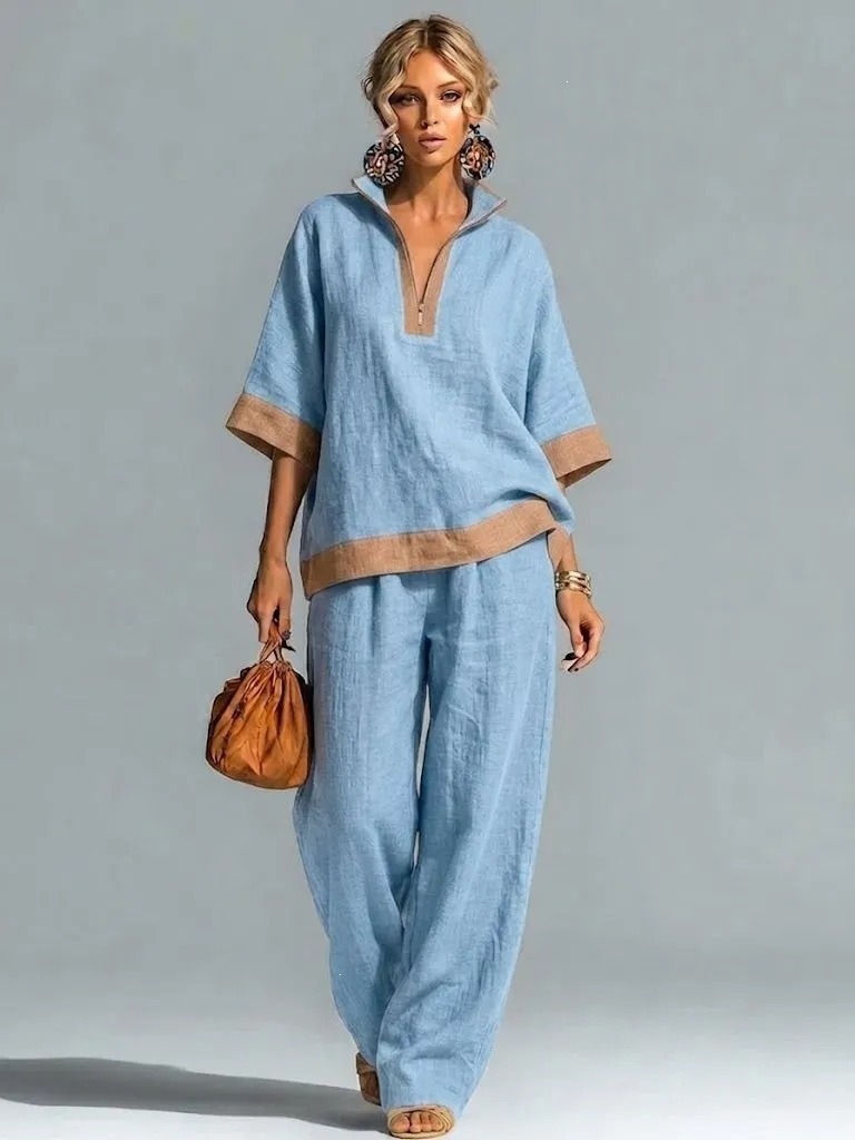 Women's Color-Block Half-Zip Linen Top and Straight-Leg Pants Two-Piece Set