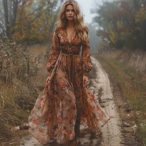 Women's Long Sleeve Digital Print V-Neck Maxi Dress