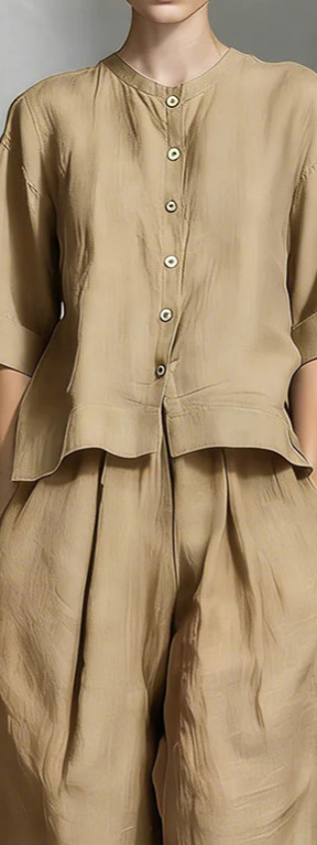 Women's Casual Solid Cotton-Linen Shirt and Loose Pants Two-Piece Set