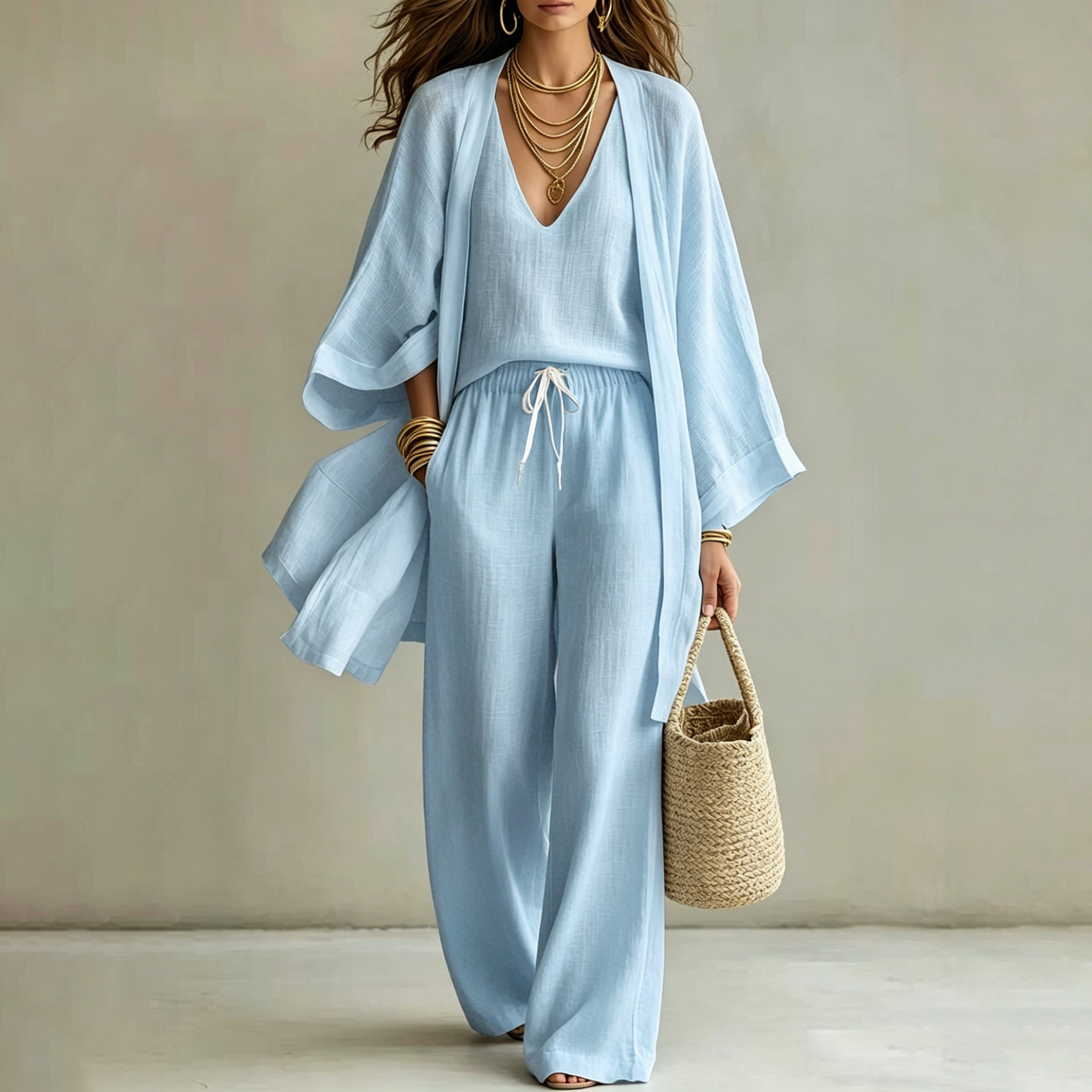 Women's 3-Piece Lounge Set: Open-Front Cardigan, Sleeveless V-Neck Vest & Wide-Leg Pants