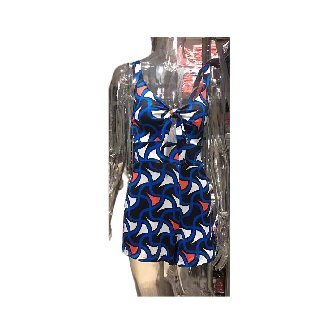 Sexy Printed Cami Romper with Bow Tie Chest