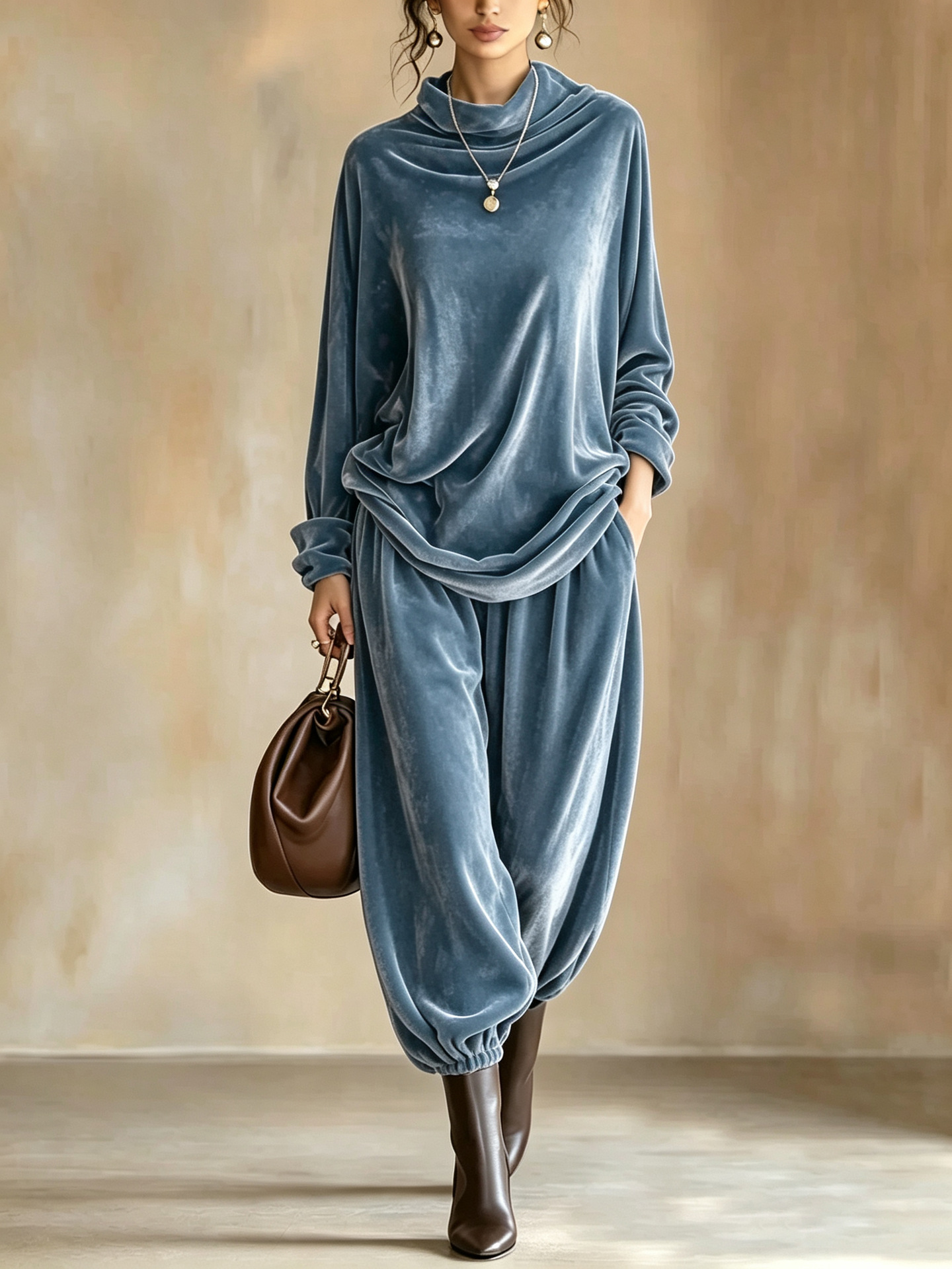 Women's Velvet Two-Piece Set with Cowl Neck Top and Harem Pants