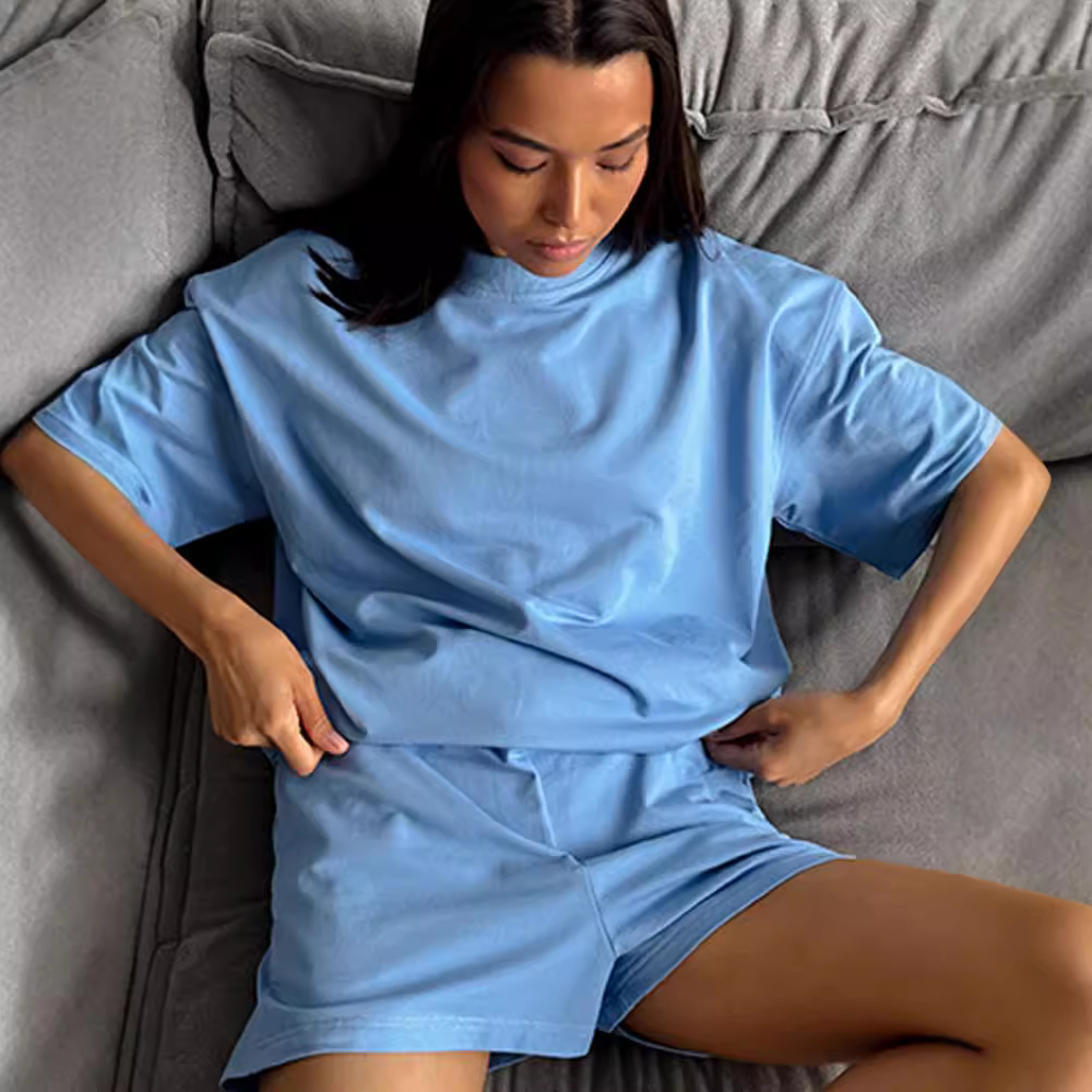 Women's Casual Two-Piece Short Sleeve Crewneck and Shorts Set Solid Color