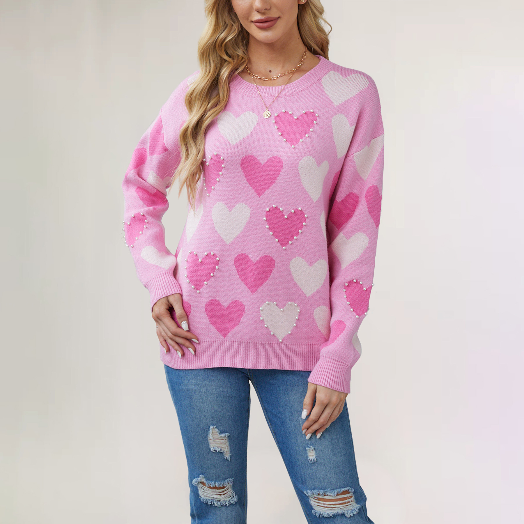 Heart Beaded Crewneck Knit Sweater