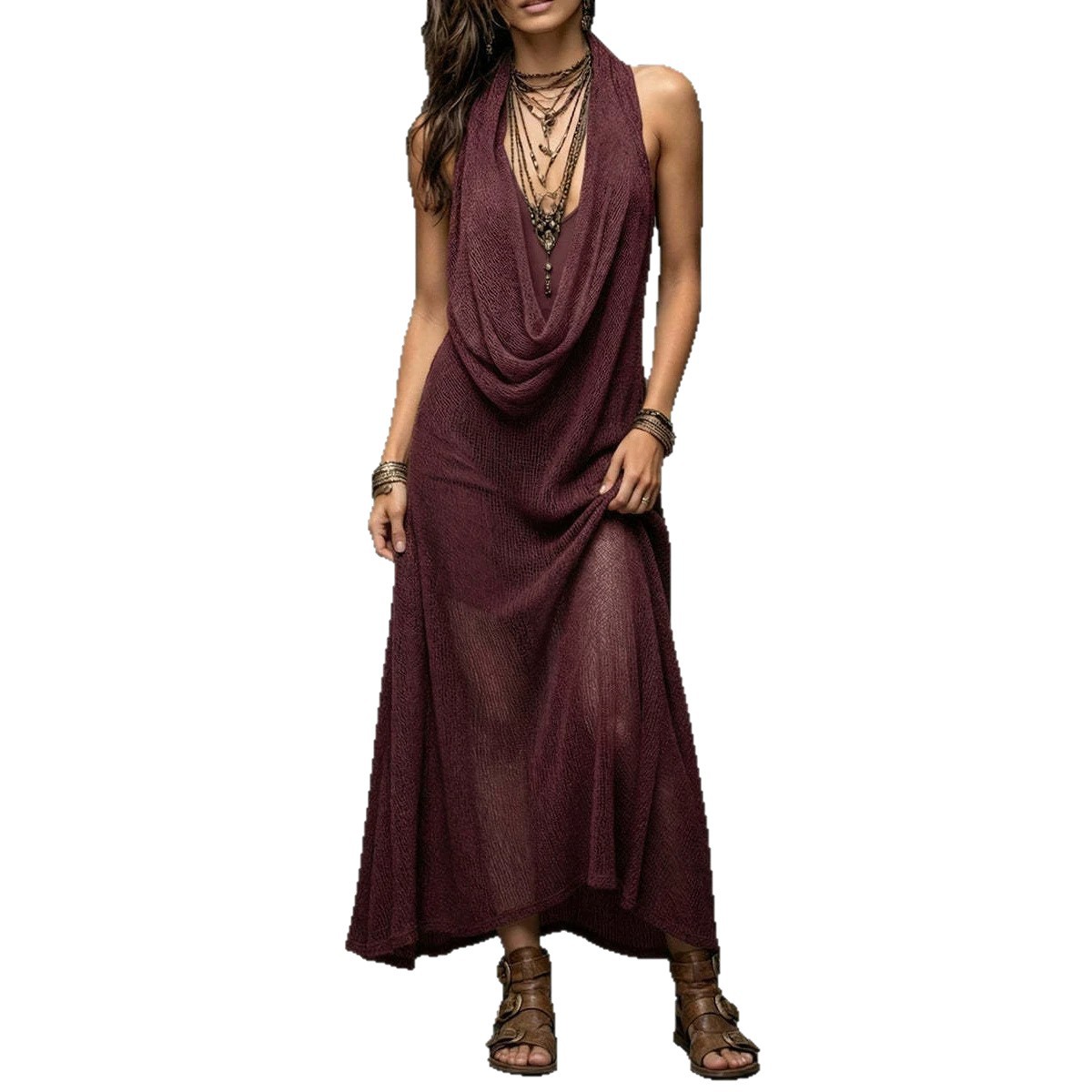 Bohemian Halter Knit Maxi Dress Two-Piece Set
