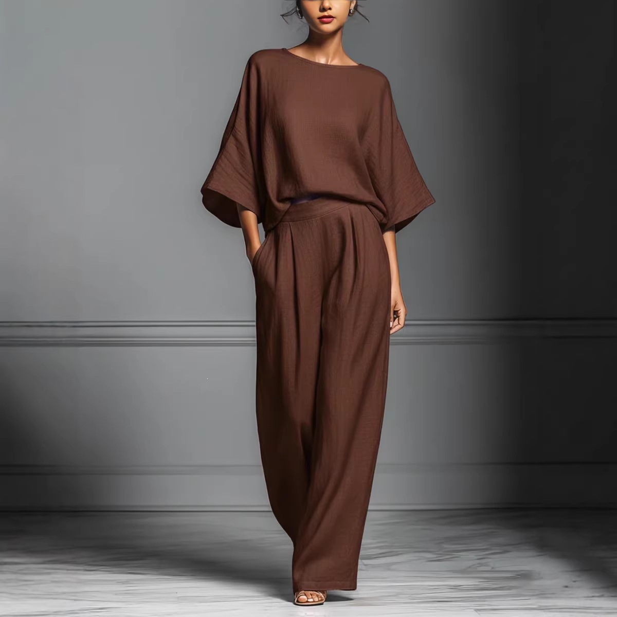 Women's Casual Flare-Sleeve Linen-Blend Two-Piece Set