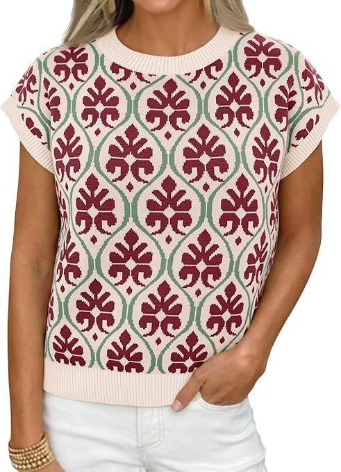 Women's Floral Knit Short Sleeve Sweater Vintage Crew Neck Loose Summer Pullover