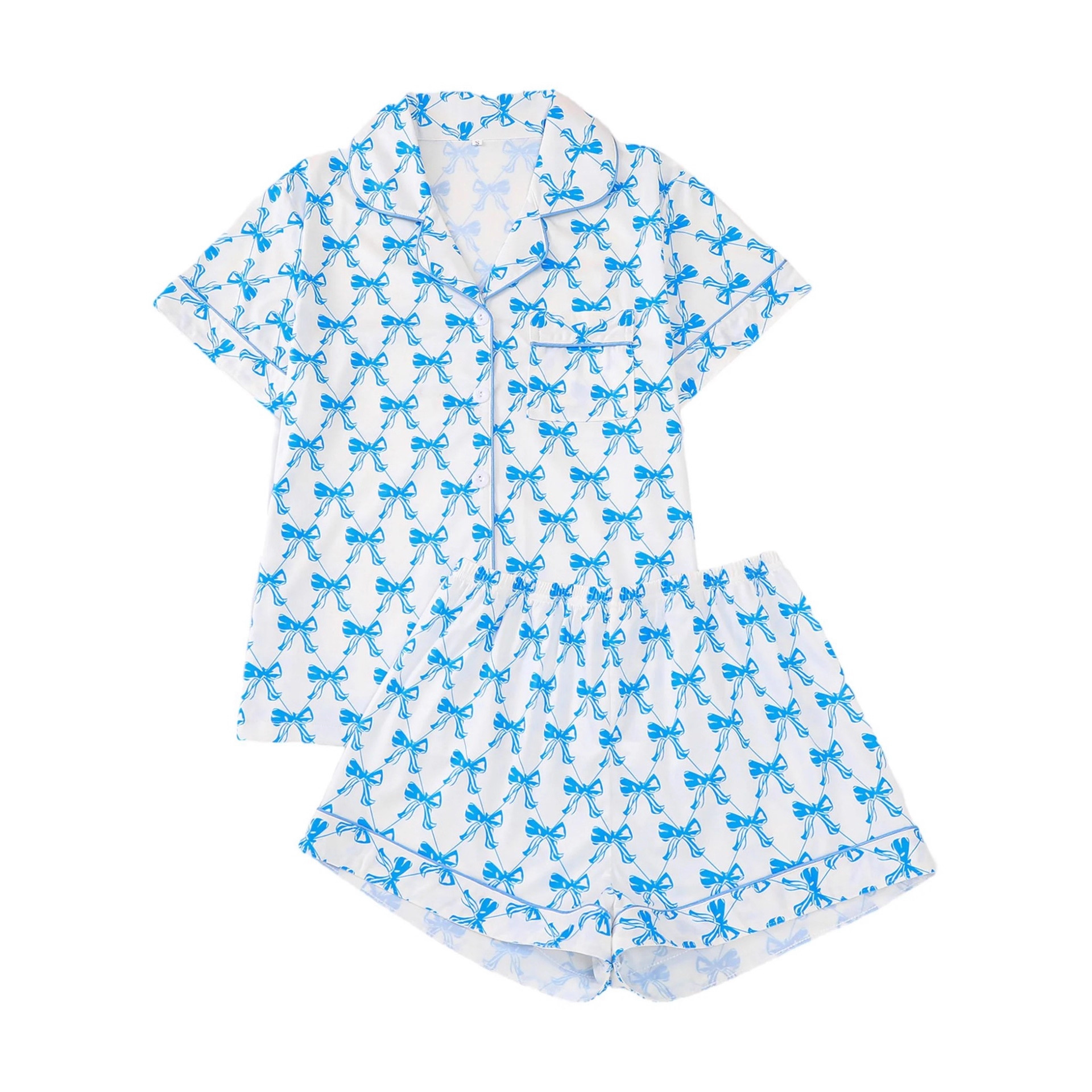 Women's Cuban Collar Short Sleeve Shirt Set with Ribbon Bow