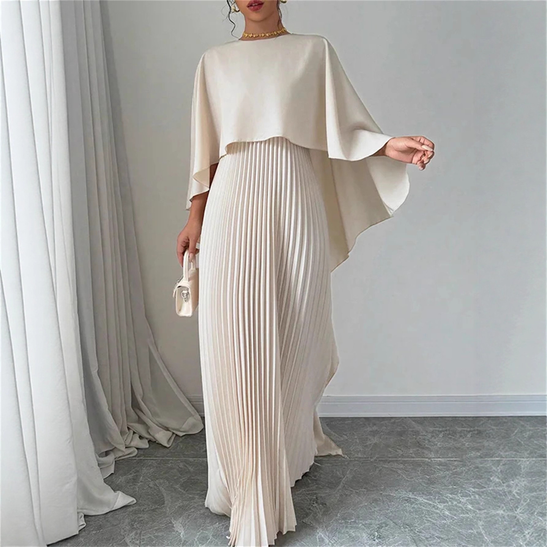 Women's Batwing Sleeve Pleated Two-Piece Dress Set