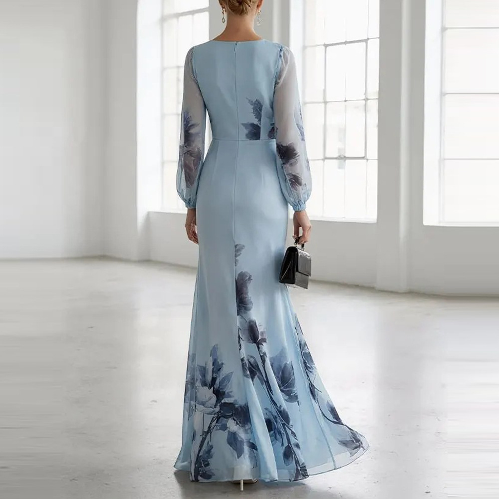 Blue Floral Print Long Sleeve V-Neck Bodycon Maxi Dress