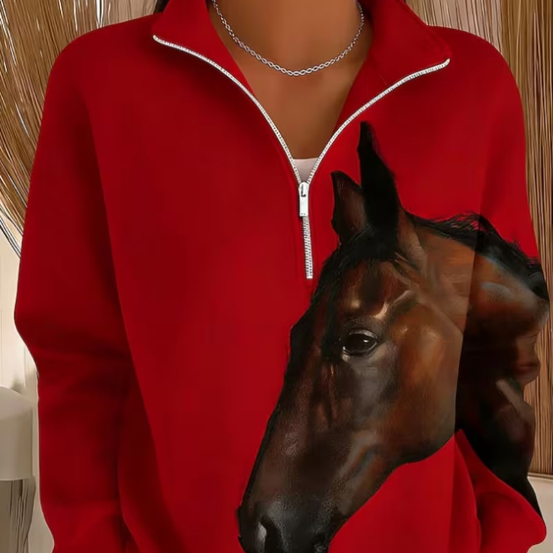 Horse Print Half-Zip Hoodie for Women