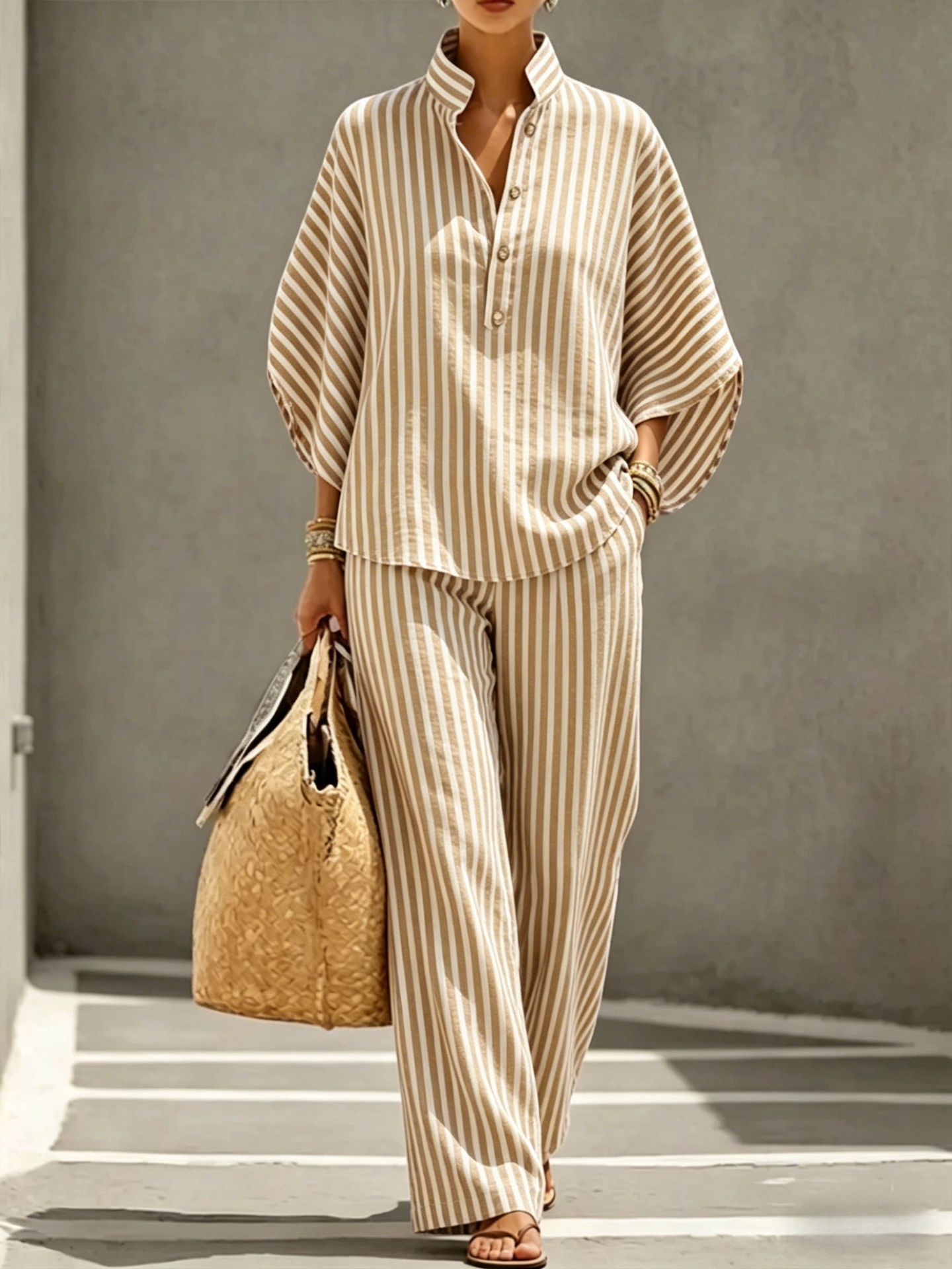 Women's Striped Shirt and Pants Set Casual Vacation Outfit