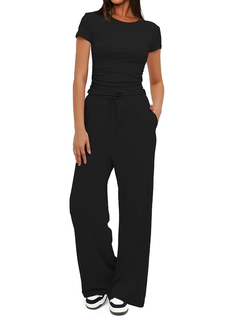 Women's Wide-Leg Two-Piece Set Short Sleeve Casual Commuter Outfit