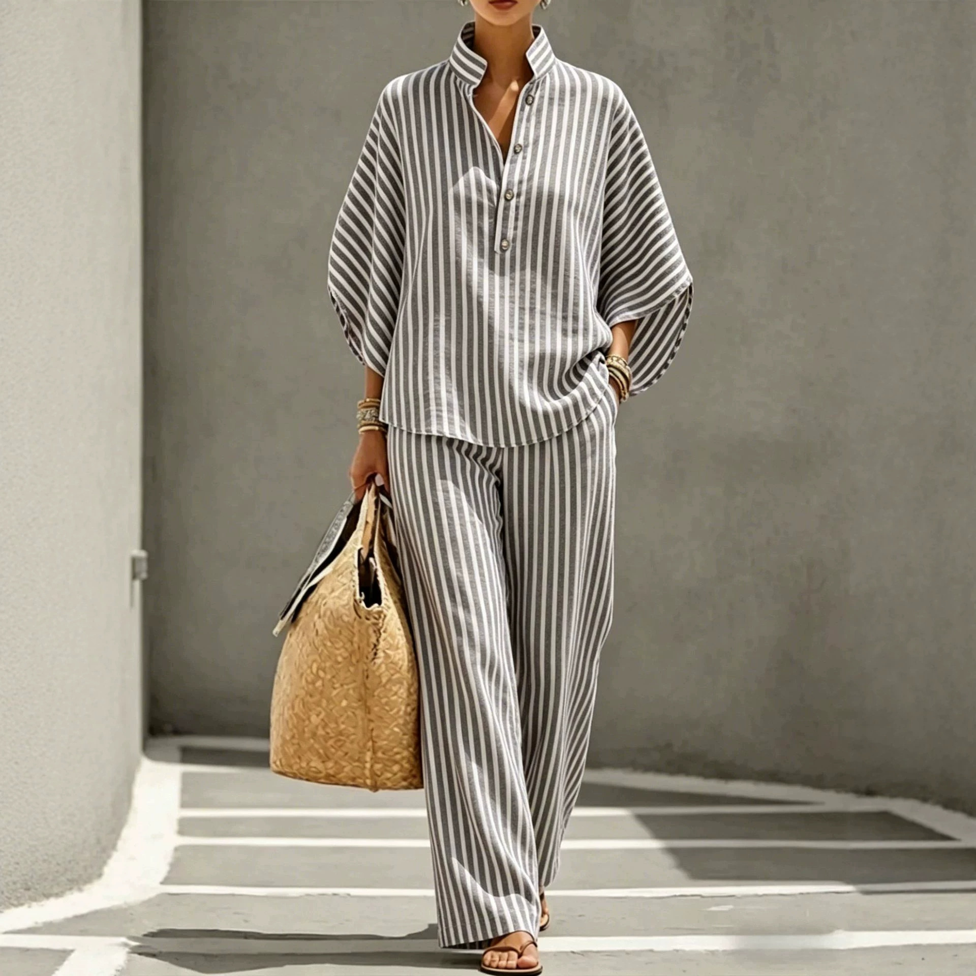 Women's Striped Shirt and Pants Set Casual Vacation Outfit