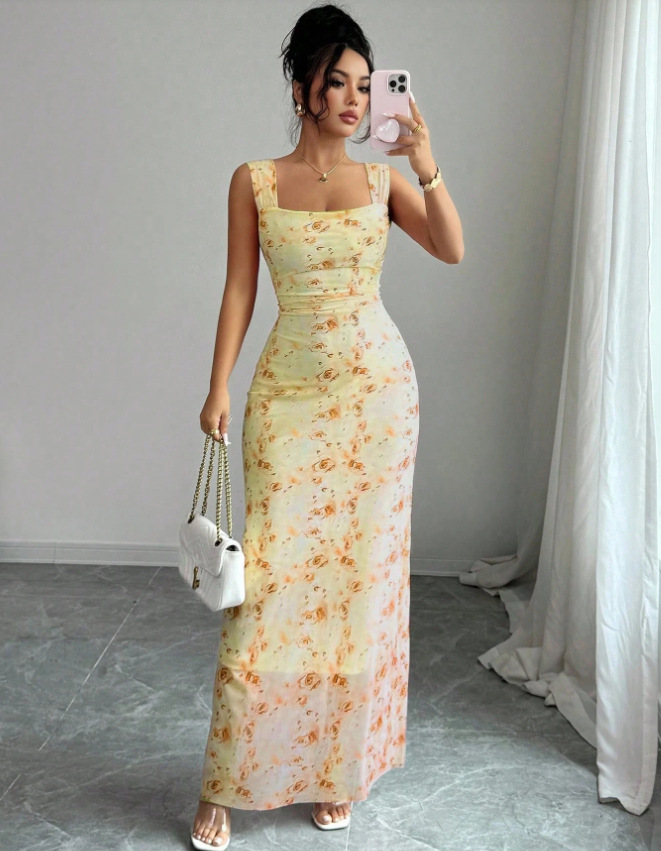 Slim-Fit Floral Print Sleeveless Long Dress